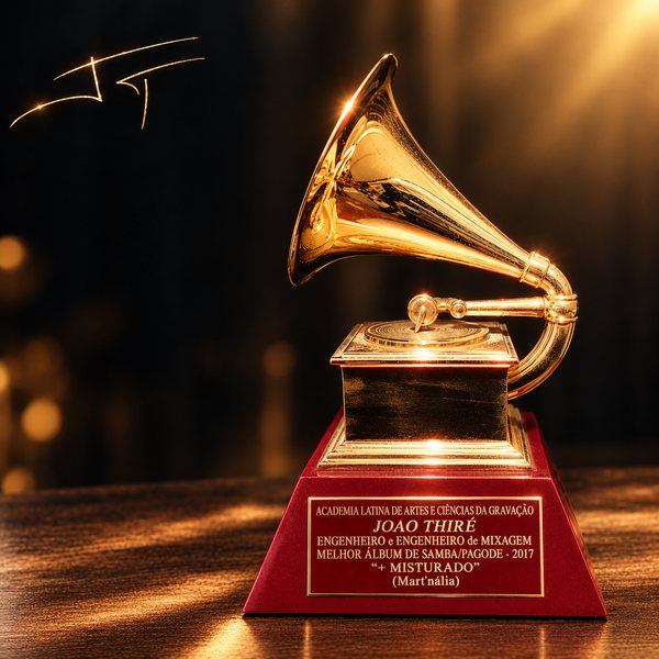 Golden Latin Grammy trophy for the album +Misturado, with the JT signature
